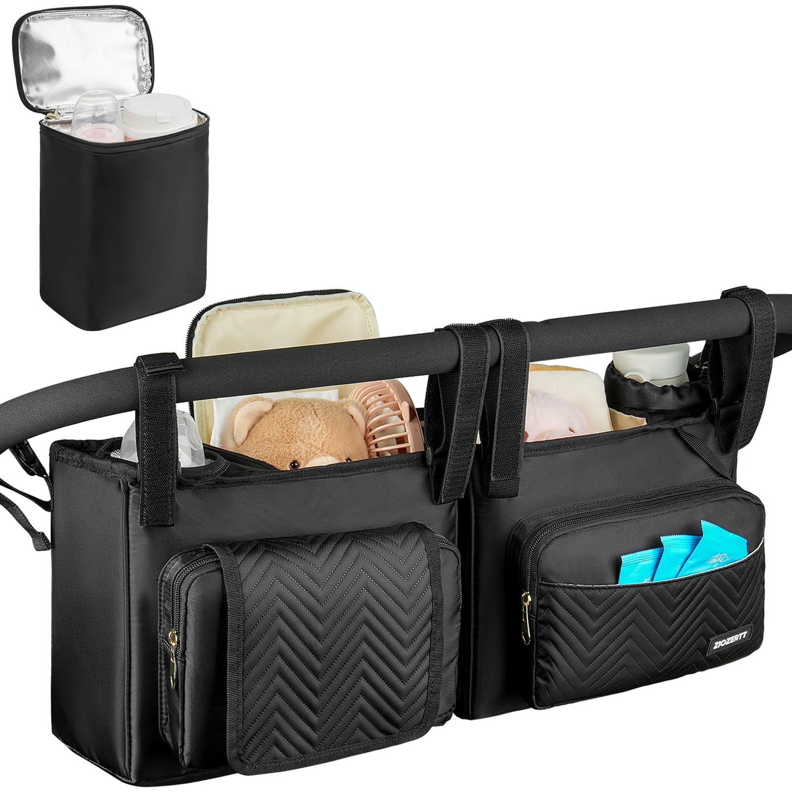 ZIOZERTT double stroller organizer for Bob Flex 3.0 with spacious pockets.