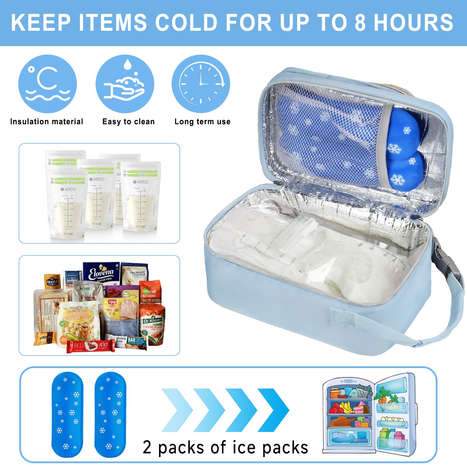 ZIOZERTT insulated breastmilk storage bag blue with waterproof interior