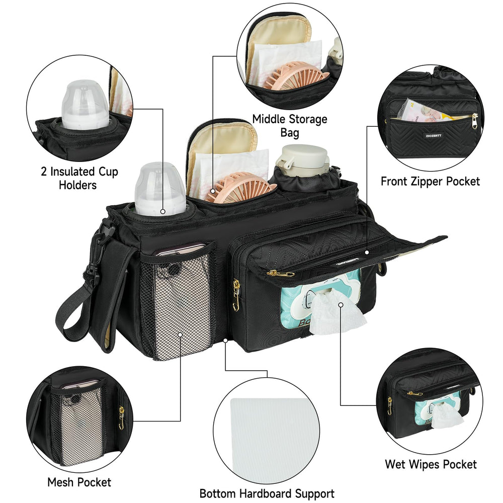 ZIOZERTT stroller caddy includes a wet wipes pocket for quick cleanups