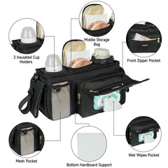 ZIOZERTT stroller caddy includes a wet wipes pocket for quick cleanups