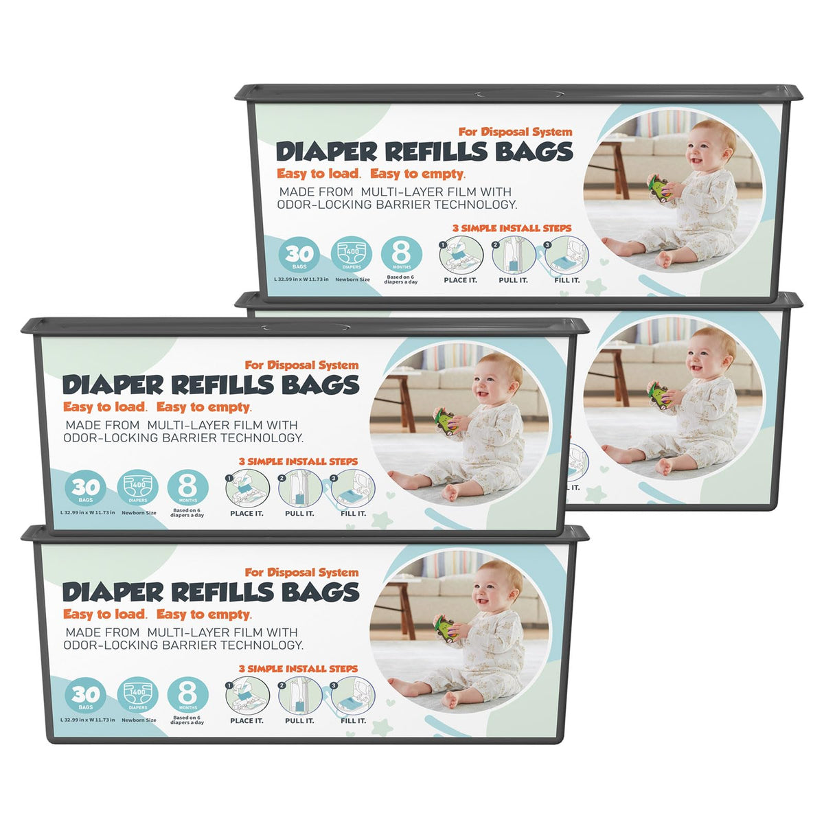 Zippland Easy Roll refill 4-pack ready for Genie pails, enabling seamless disposal.