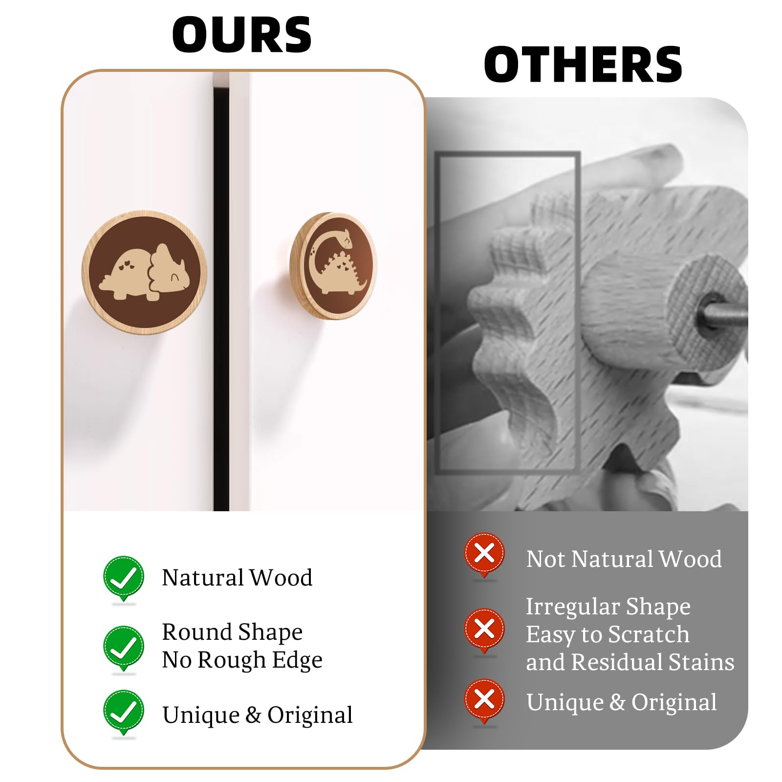Ziyue wooden dinosaur drawer knobs close-up showing durable natural wood.