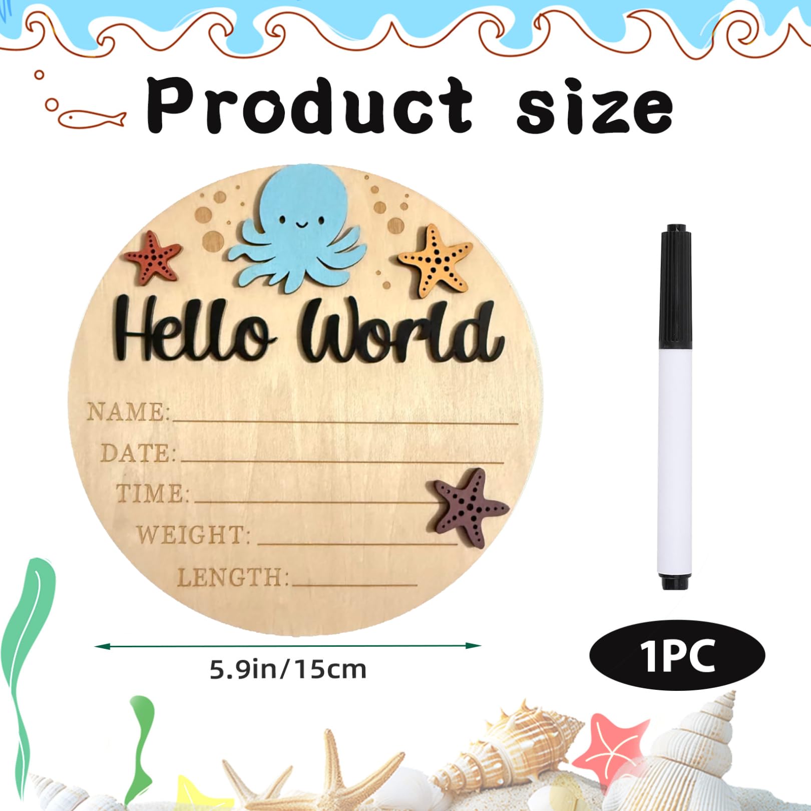 Ziyutam baby announcement sign with 3D ocean starfish enhances ocean-themed nursery decor.