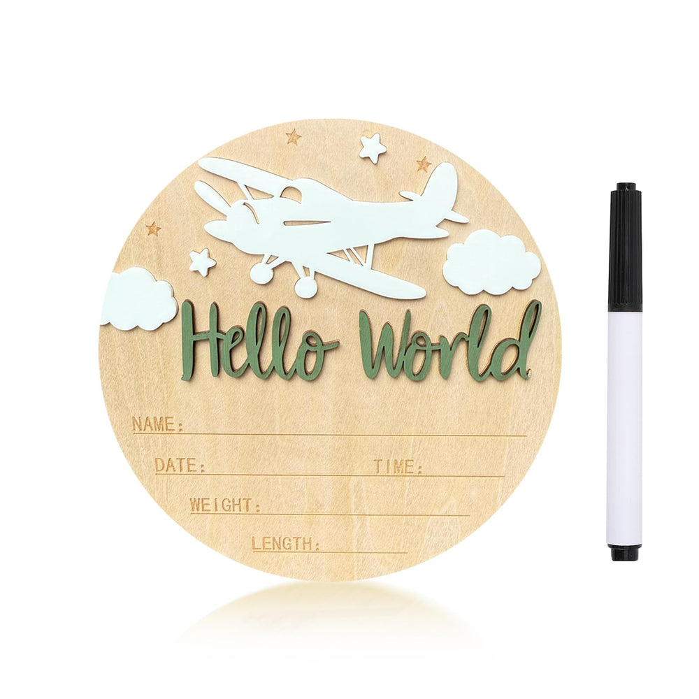 Ziyutam baby announcement sign with Hello World airplane, perfect as a newborn photo prop for birth announcements.