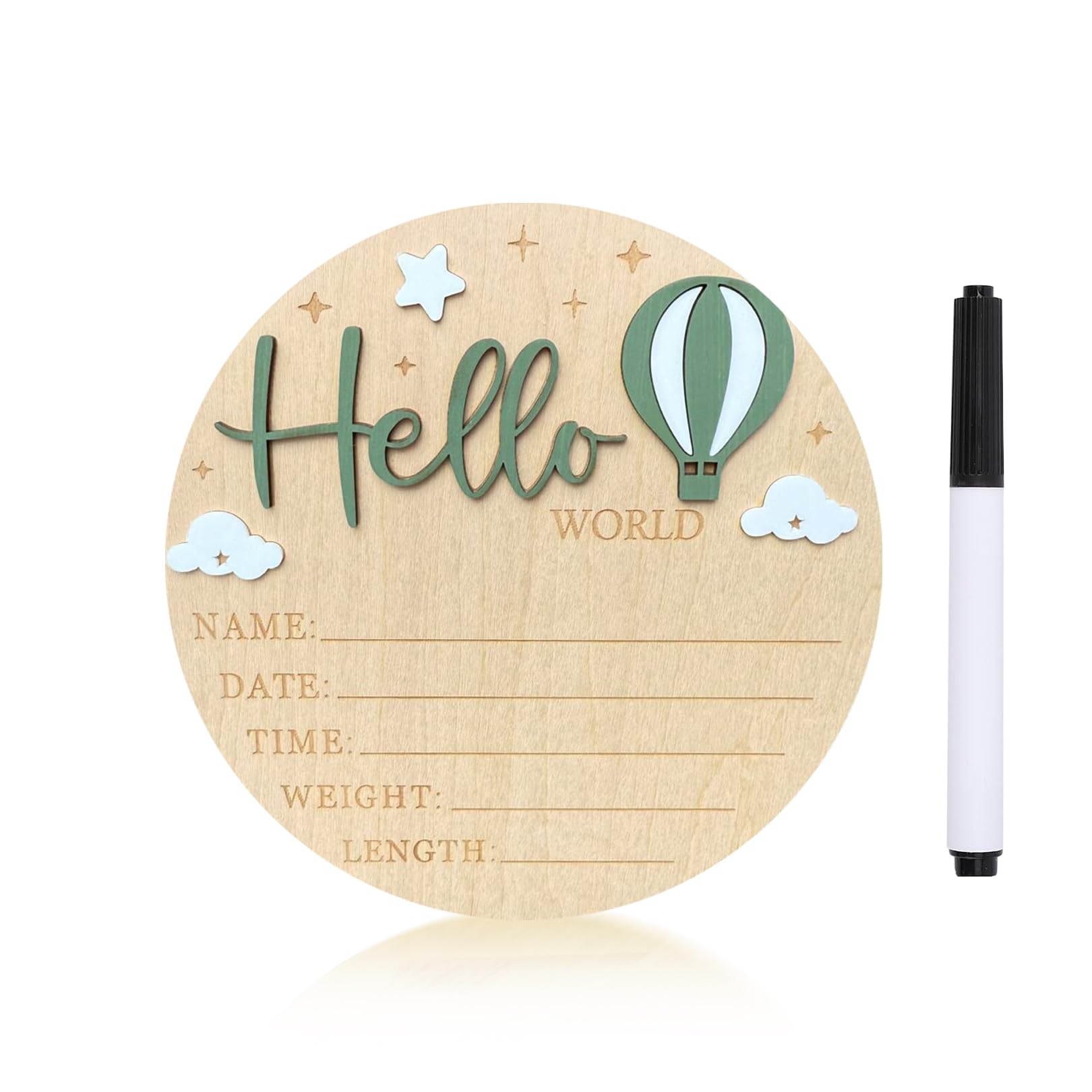 Ziyutam baby announcement sign with Hello World on wood, perfect for timeless newborn photos.