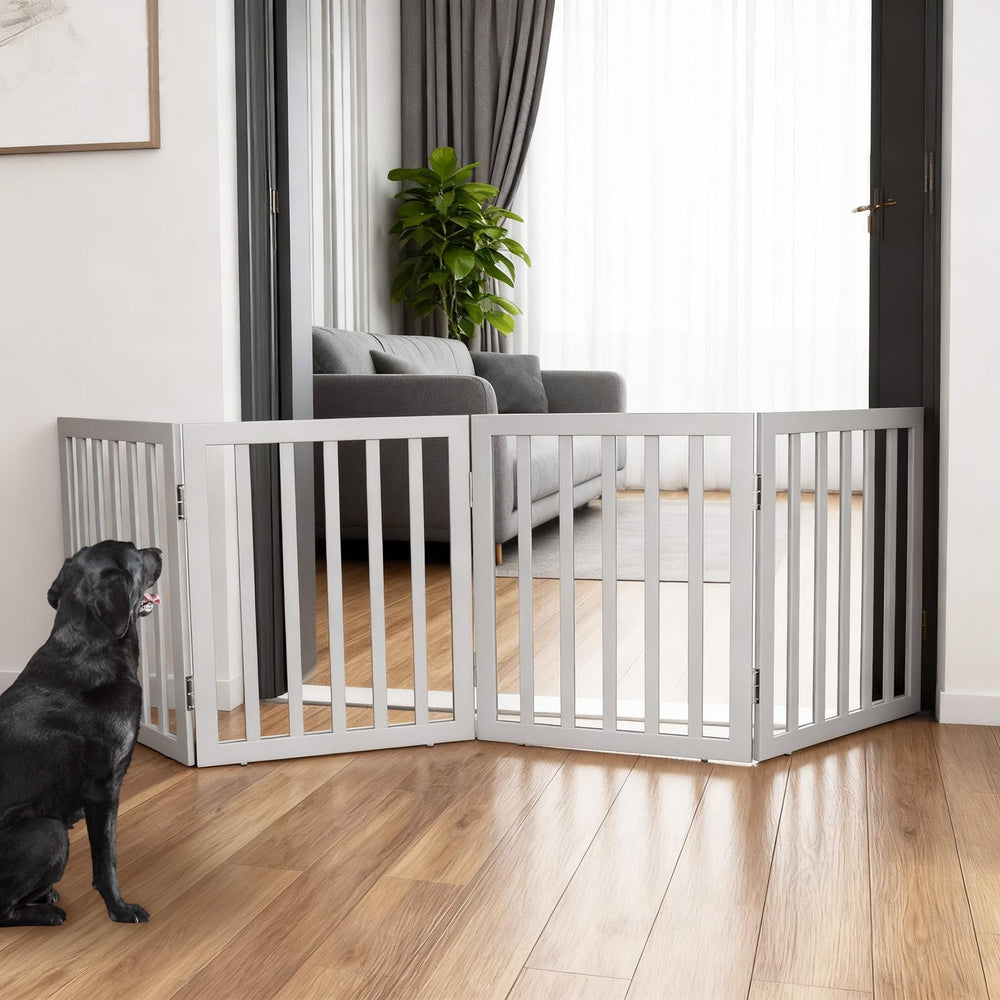 ZJSF four-panel wooden dog gate guards a doorway with sturdy hinges.
