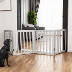ZJSF four-panel wooden dog gate guards a doorway with sturdy hinges.