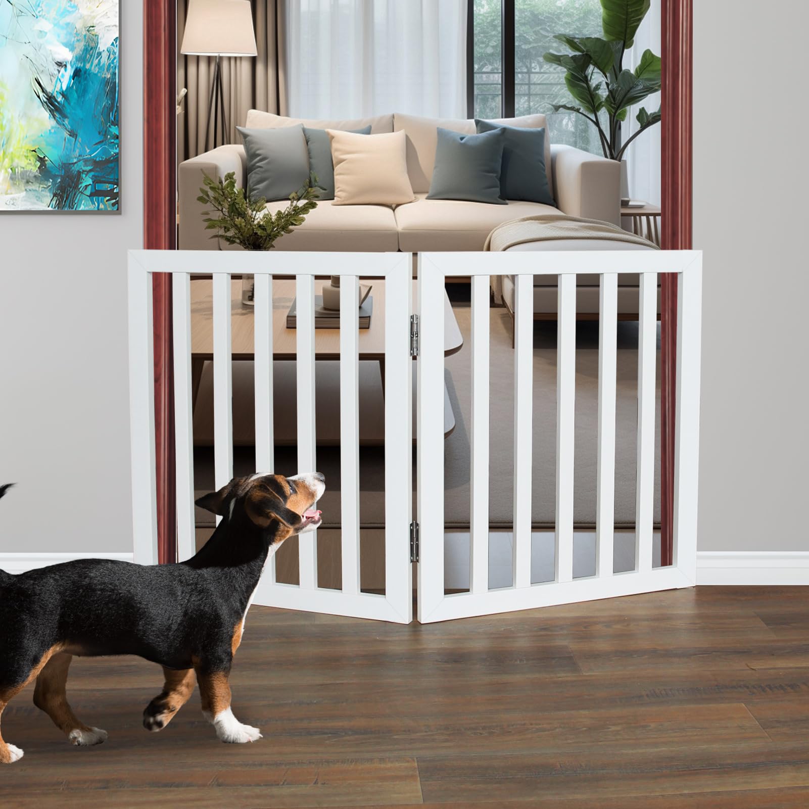 ZJSF 2-panel wooden dog gate in open doorway provides a safe boundary.