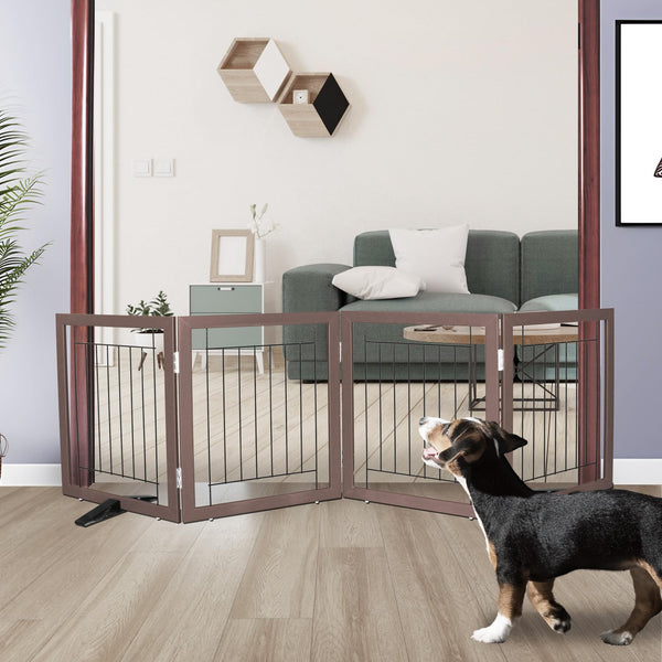 ZJSF 4-panel dog gate fully expanded across a hallway for pet containment.