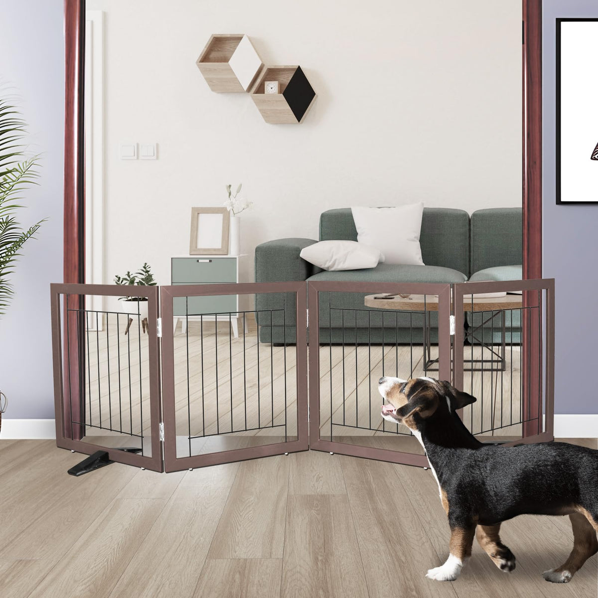 ZJSF 4-panel dog gate fully expanded across a hallway for pet containment.