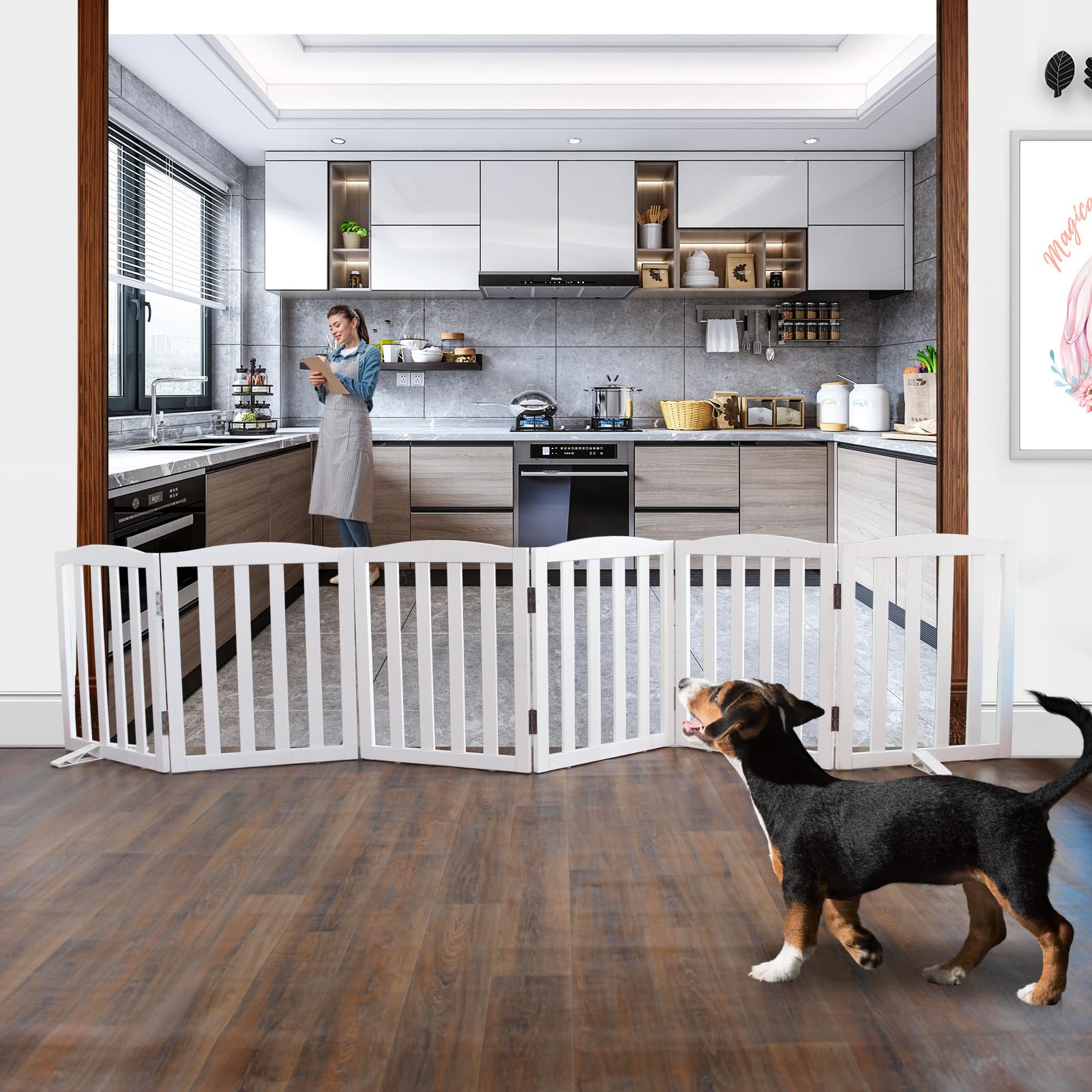 ZJSF dog gate expanded in Z-shape for wide hallways.