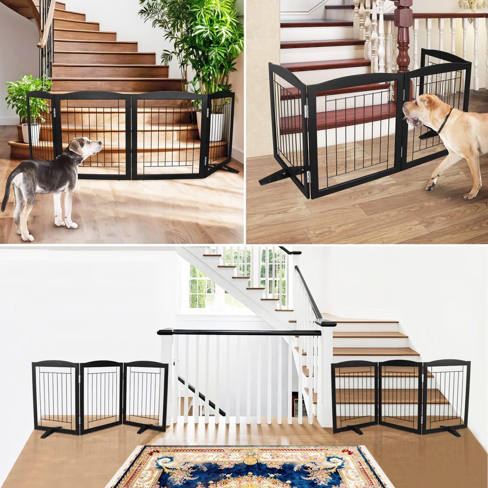 ZJSF foldable gate in black wood expands to cover wide hallways.