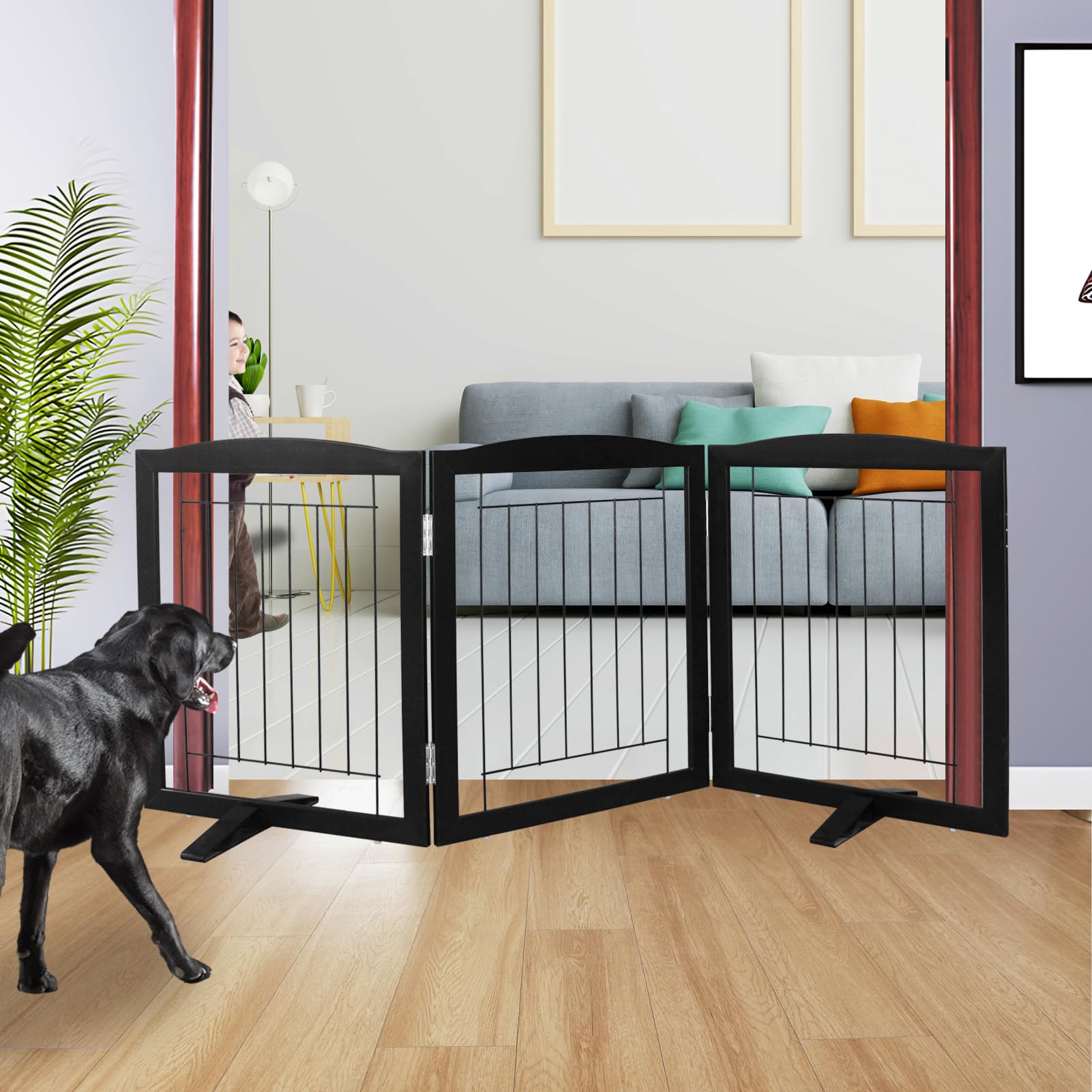 ZJSF three-panel wooden dog gate for doorways, sturdy and easy to reposition.