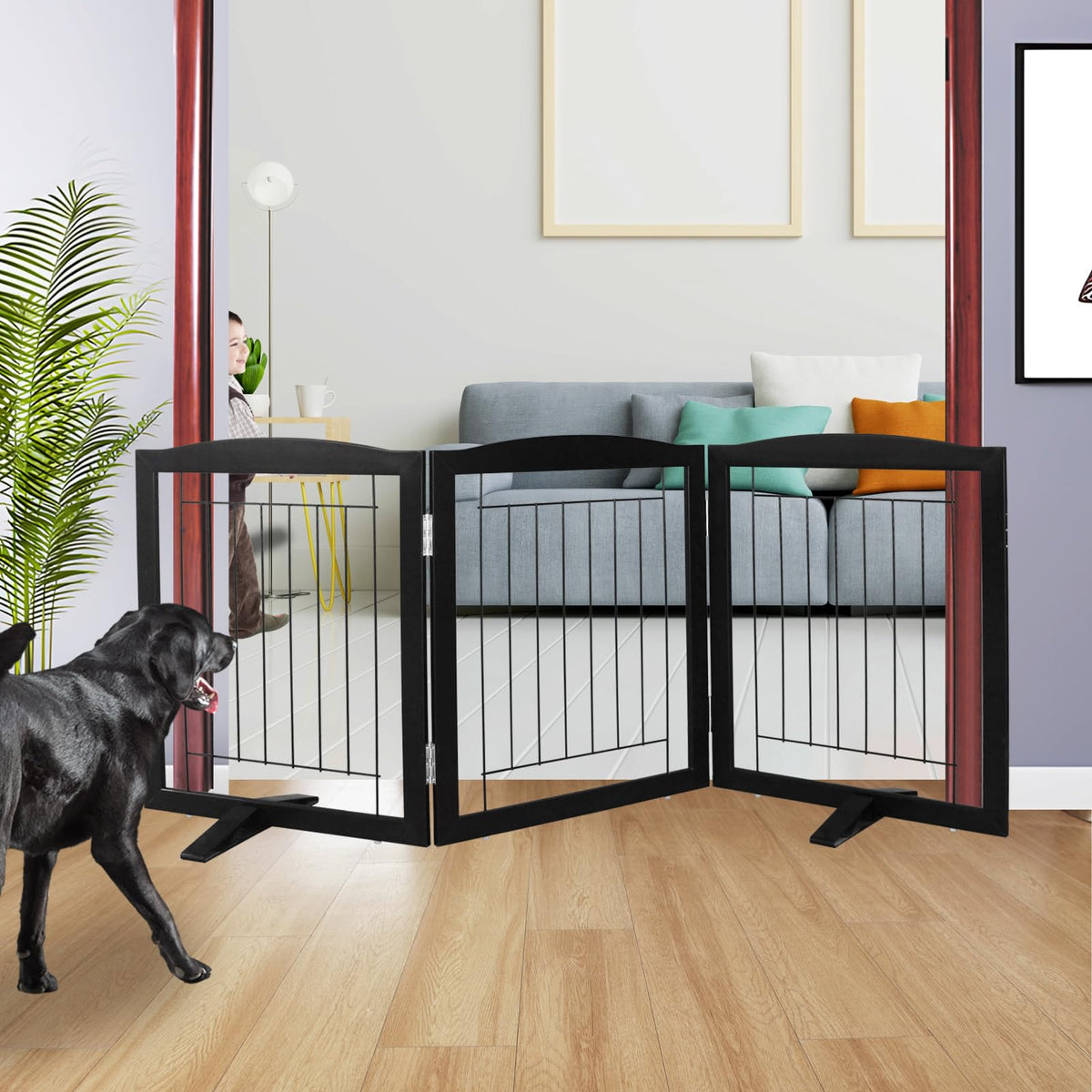ZJSF three-panel wooden dog gate for doorways, sturdy and easy to reposition.