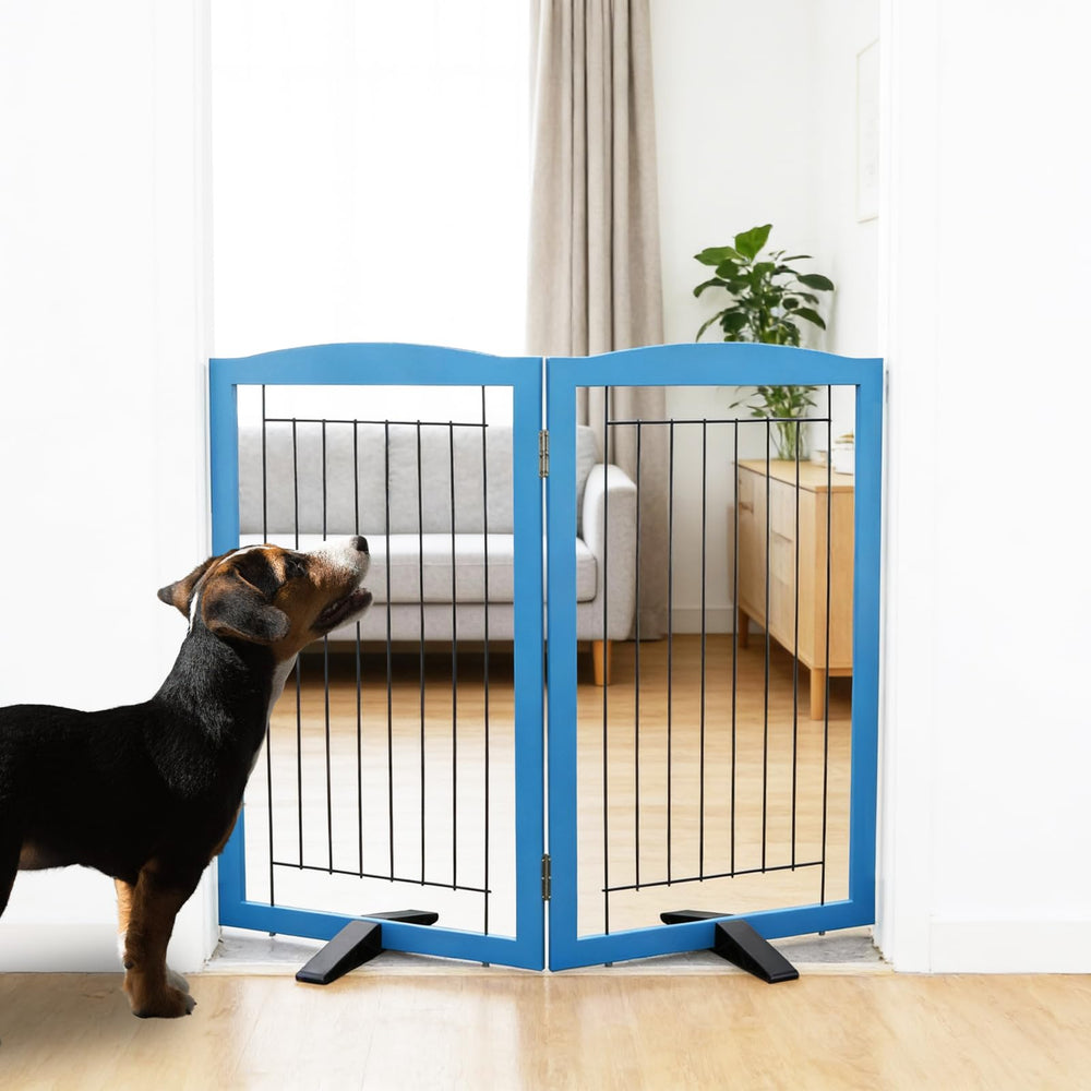 ZJSF blue wood two-panel gate open across hallway for space control