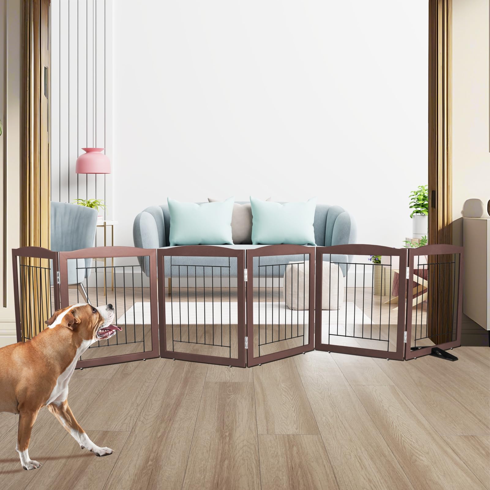 ZJSF dog gate closeup showcases wood and steel construction for durability.