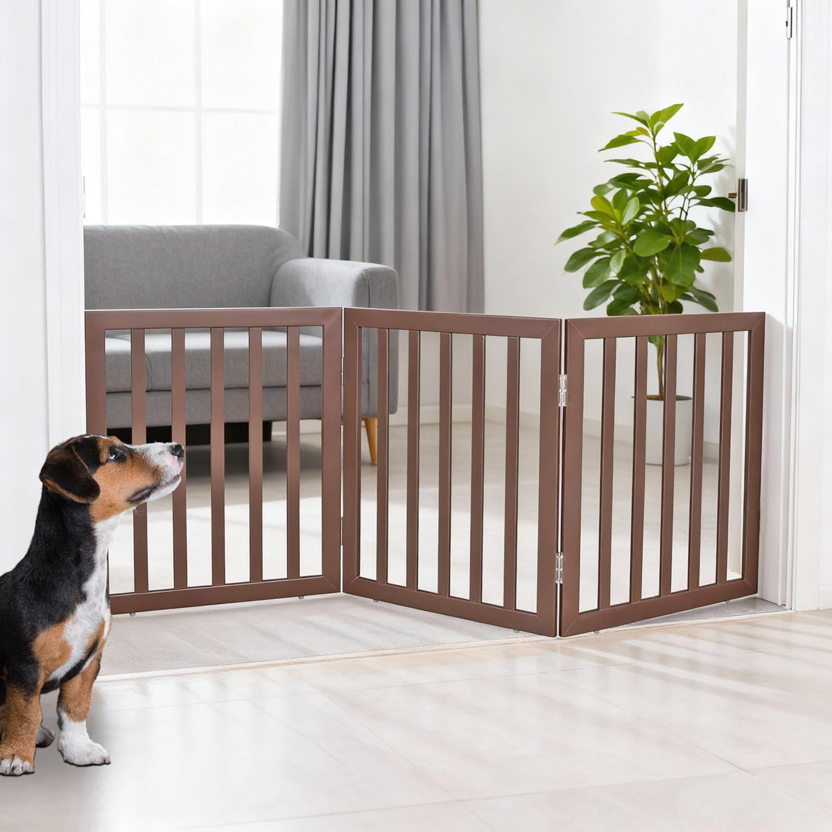 ZJSF dog gate wooden 3-panel 60-inch open layout for hallway safety