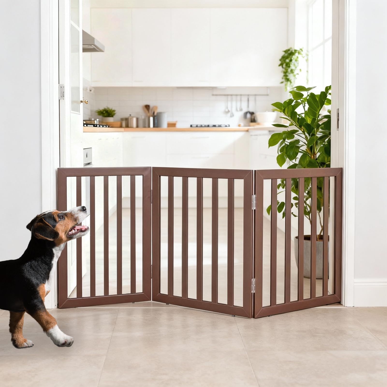 ZJSF dog gate wooden 3-panel folded 60-inch fits compact spaces without assembly