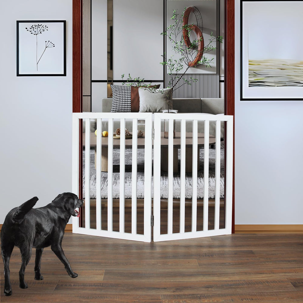 ZJSF dog gate in doorway shows folded wooden frame for easy room separation