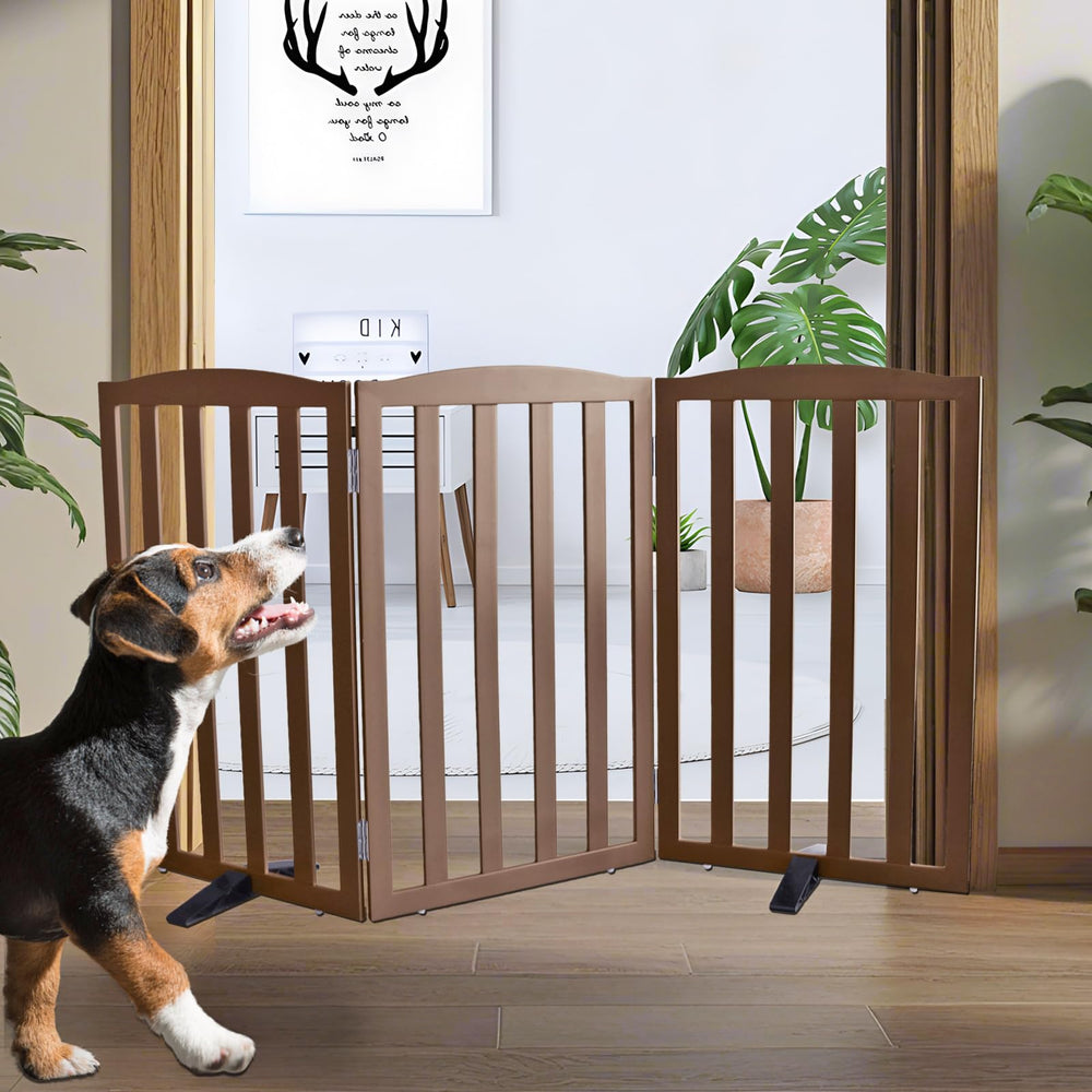 ZJSF foldable dog gate in cedar wood, fully assembled for doorway use.