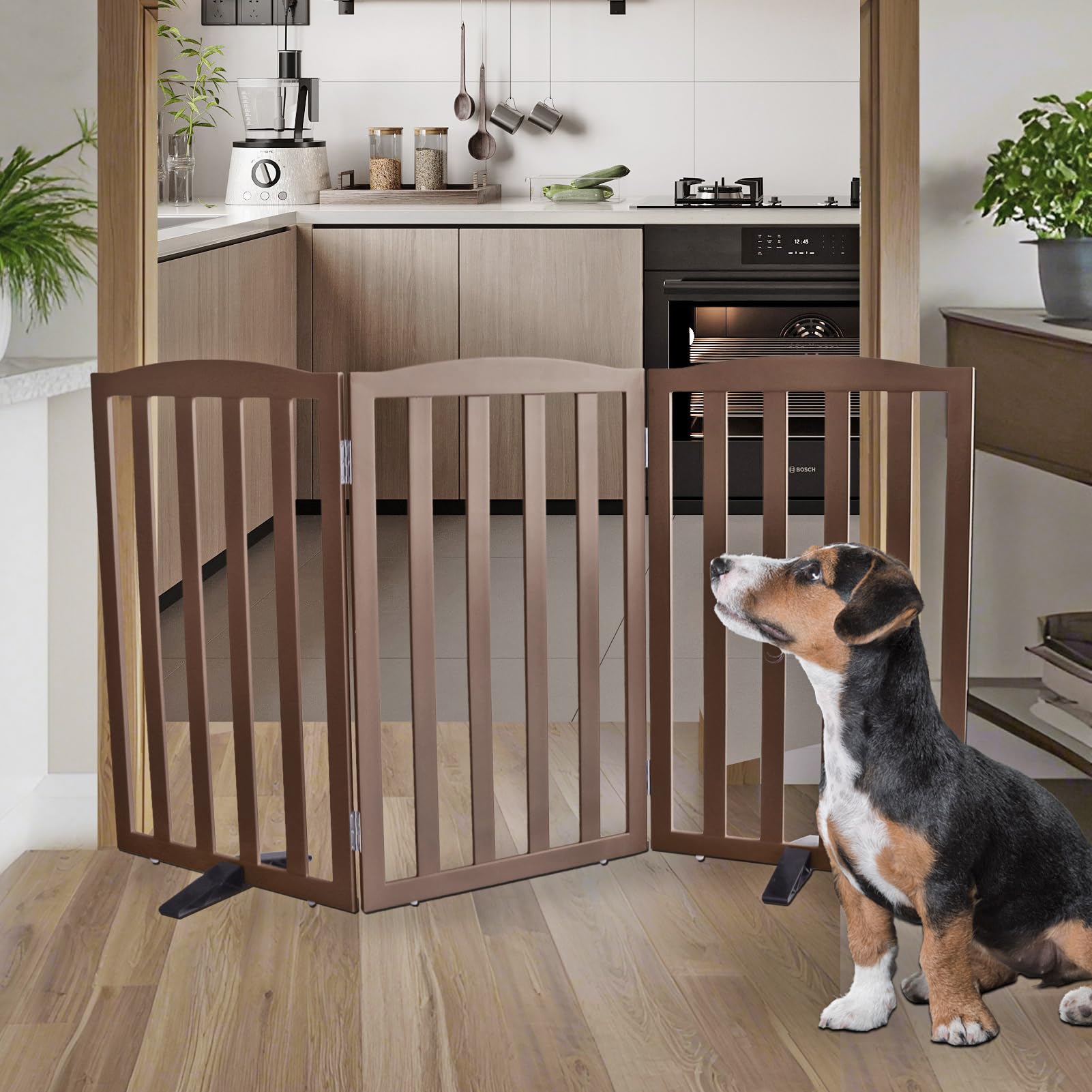 Expanded ZJSF foldable dog gate forming a wide hallway opening.