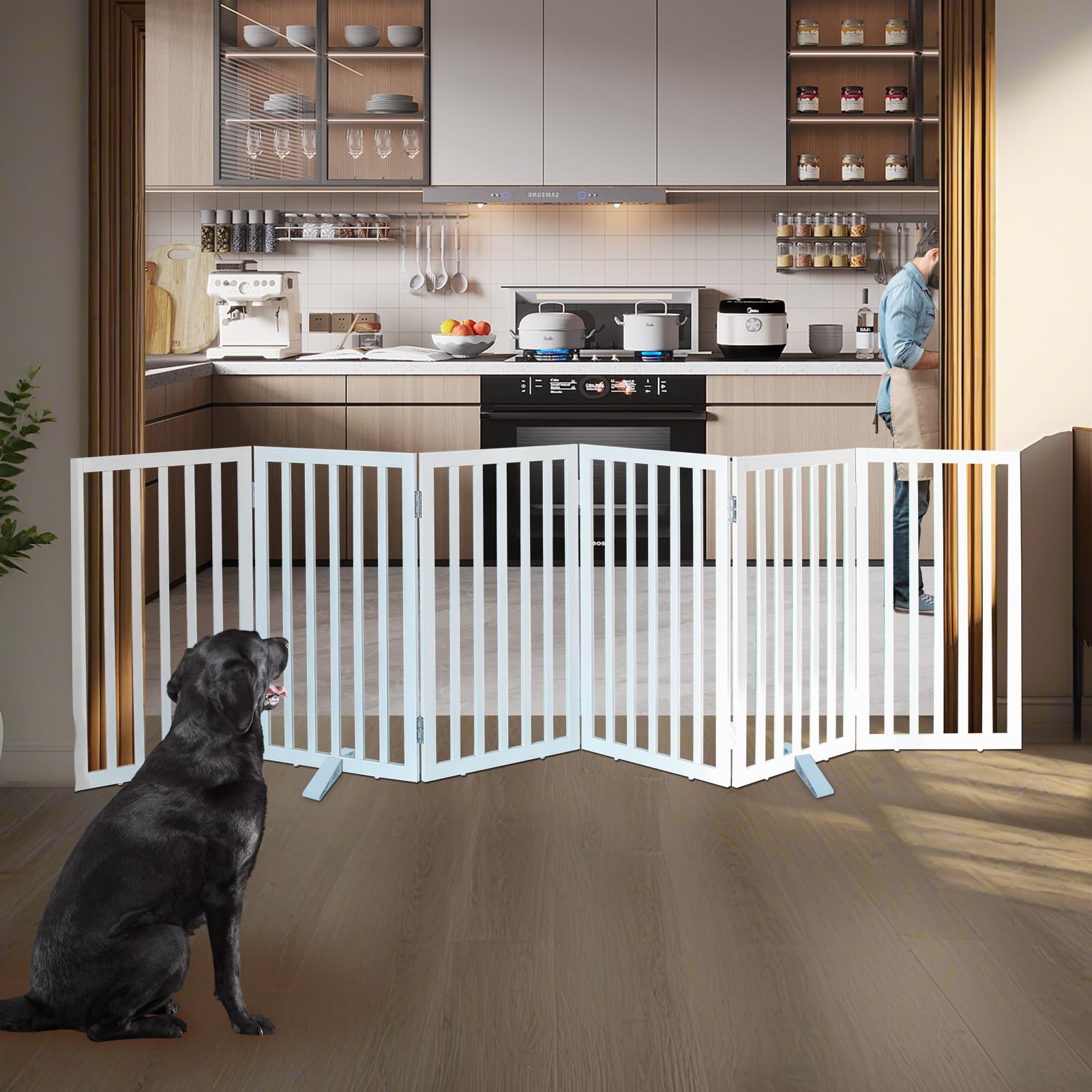 ZJSF foldable dog gate set up in a hallway for stairs