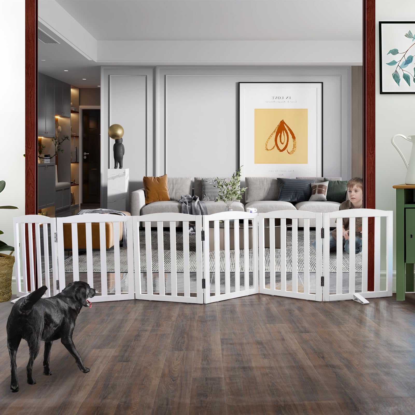ZJSF foldable cedar dog gate, assembled, ideal for doorway safety.