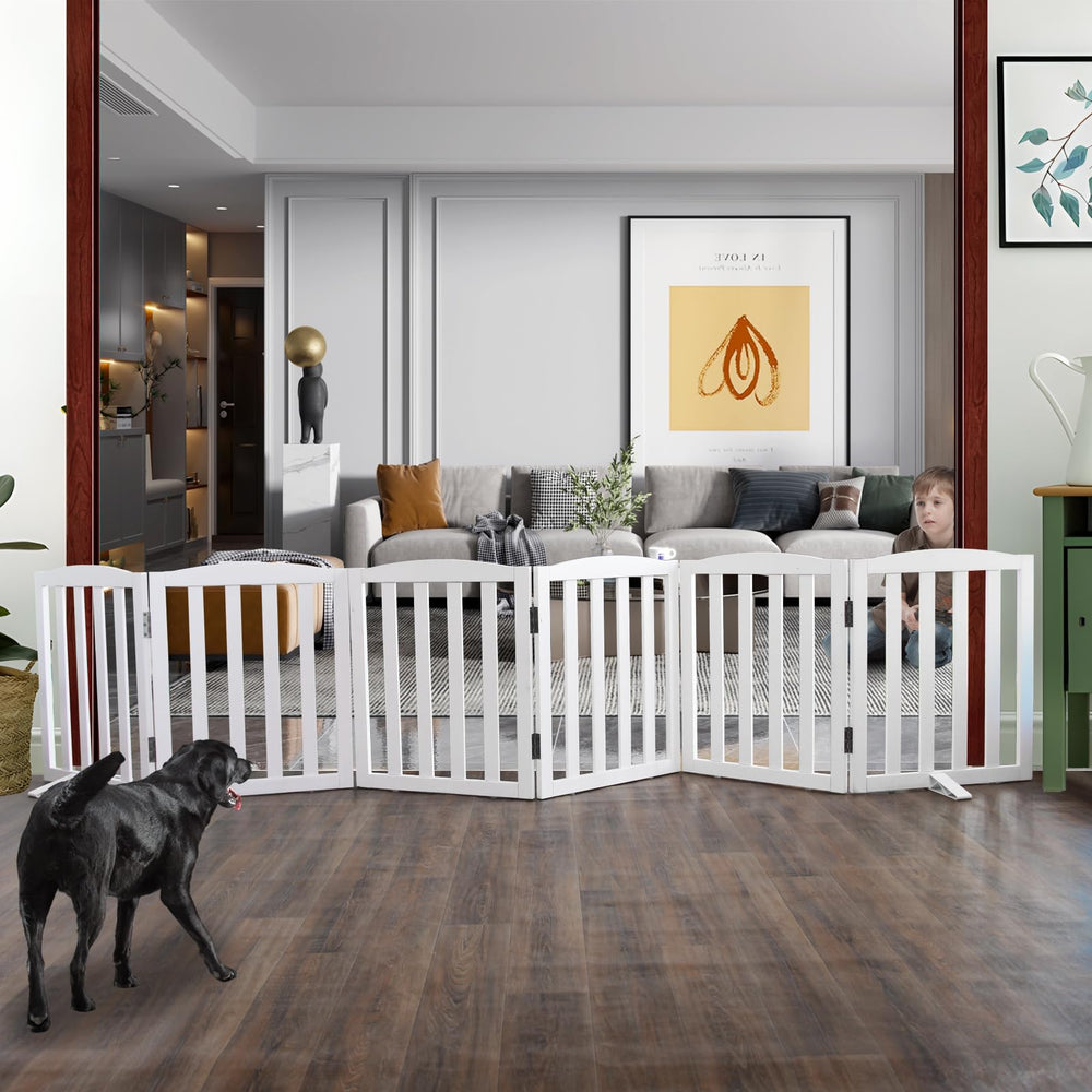ZJSF foldable cedar dog gate, assembled, ideal for doorway safety.