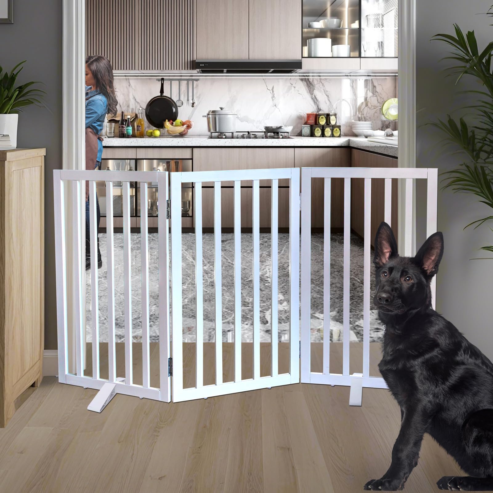 ZJSF freestanding dog gate stands 32 inches high for stairs and doorway safety.