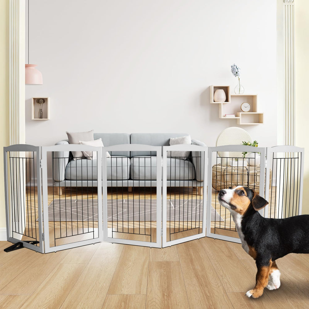 ZJSF freestanding dog gate with six panels opened to 120 inches for wide doorways.