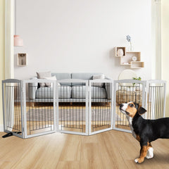 ZJSF freestanding dog gate with six panels opened to 120 inches for wide doorways.