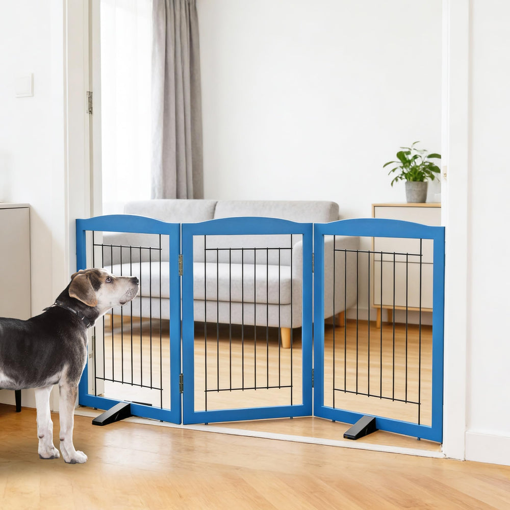 ZJSF freestanding blue dog gate shown in doorway, full-height for pet containment.