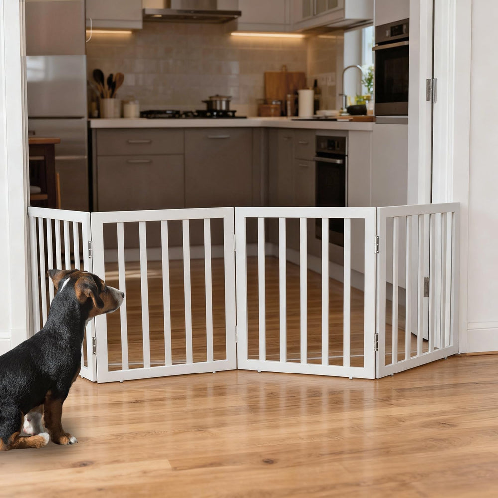 ZJSF freestanding dog gate folded for easy storage.