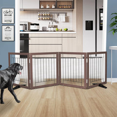 ZJSF freestanding dog gate viewed from the side shows sturdy wood and steel construction.