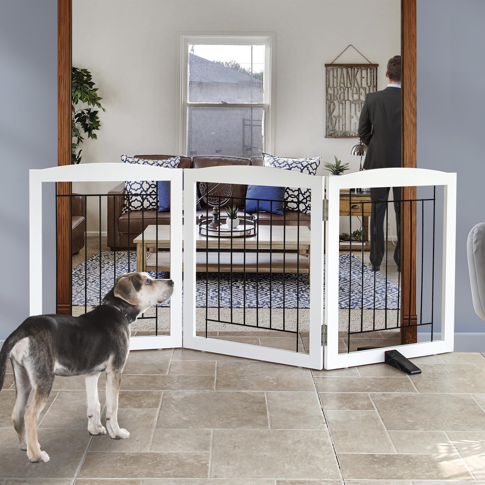 ZJSF freestanding dog gate in white with three panels fits doorways securely.