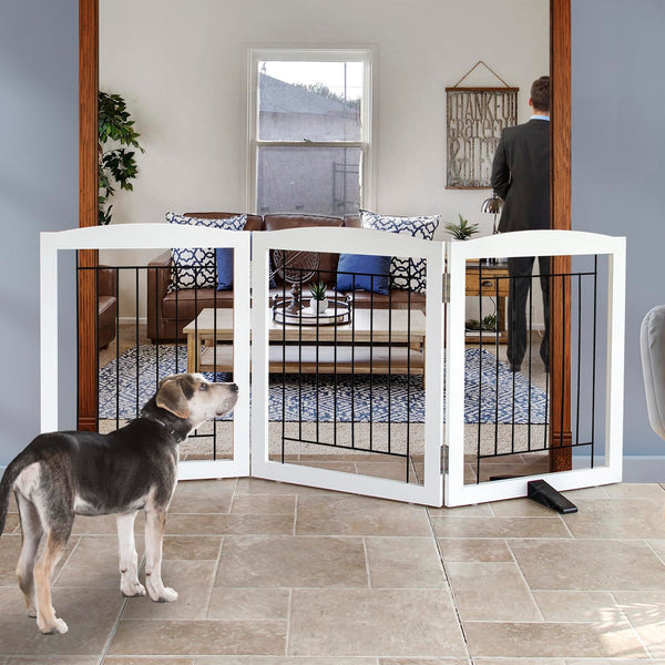 ZJSF freestanding dog gate in white with three panels fits doorways securely.