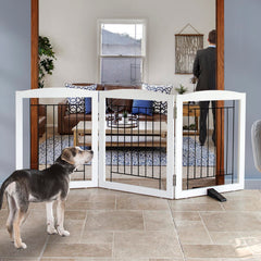 ZJSF freestanding dog gate in white with three panels fits doorways securely.