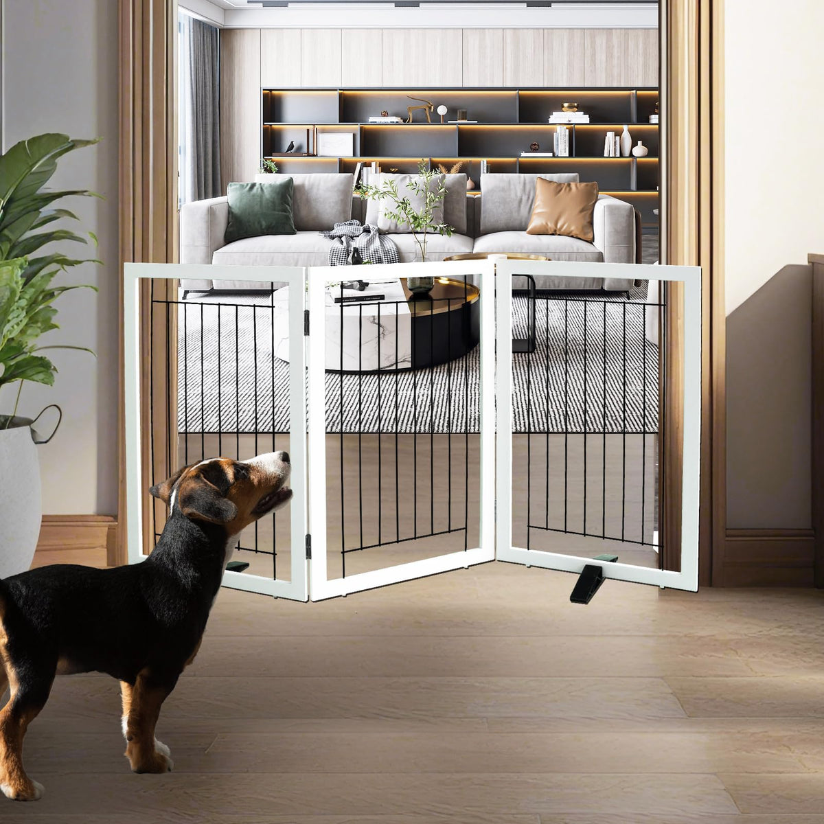 ZJSF freestanding dog gate wood three panel open for wide doorway protection