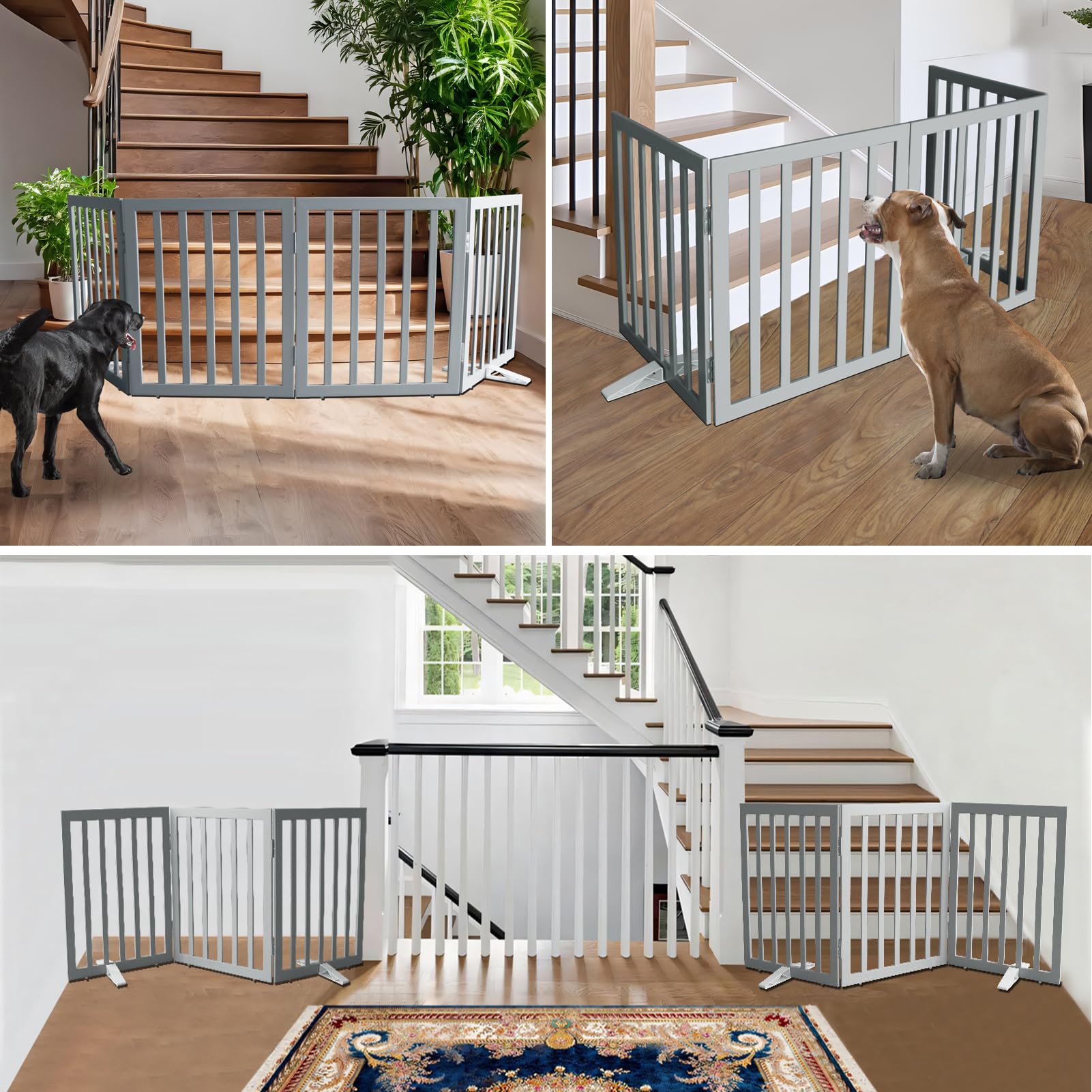 Two-panel setup with stainless steel hinges offers secure, adjustable pet confinement.