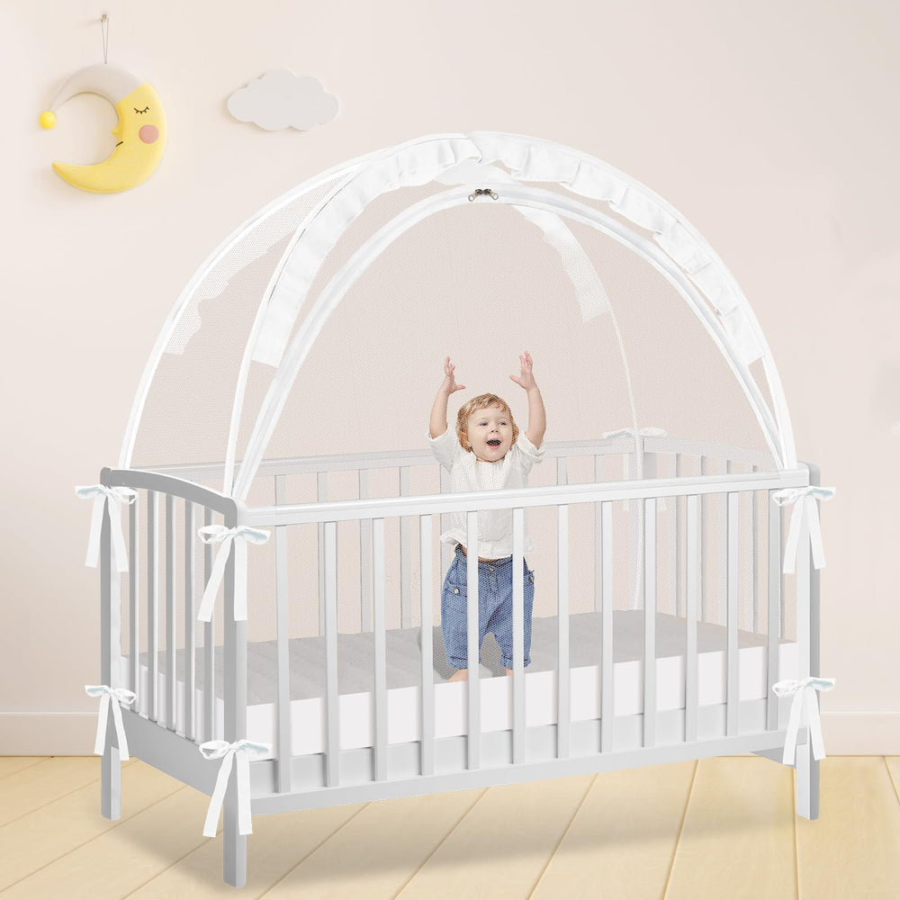 Zkaitoy Crib Tent bed-rail attachment keeps the tent secure to crib.