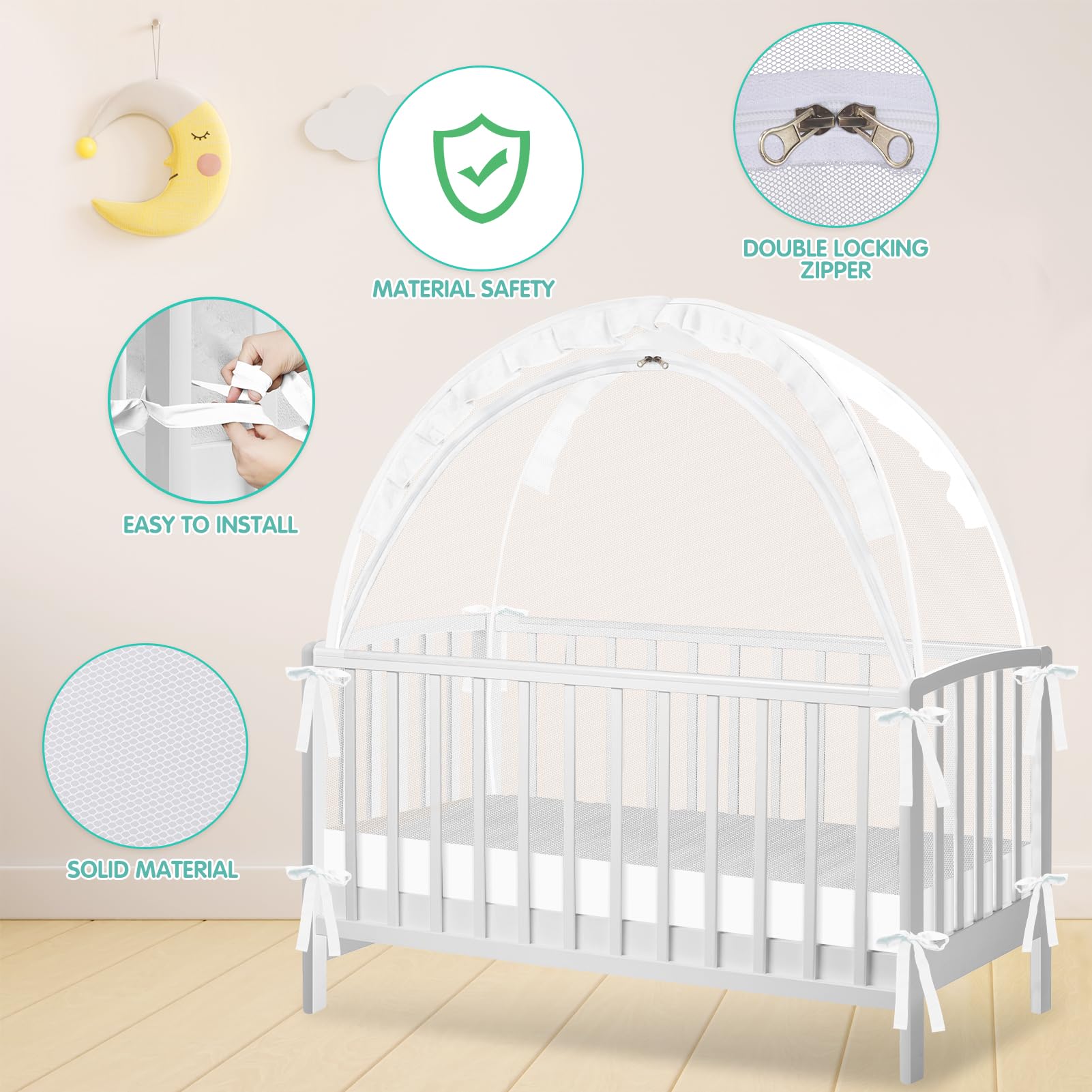 Zkaitoy Crib Tent two-way zipper keeps baby safely inside.
