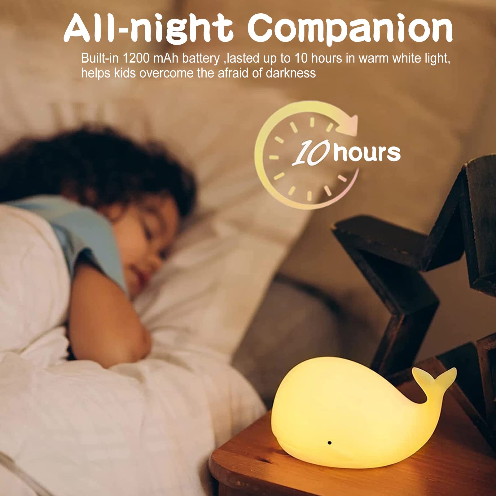 ZKLiLi whale night light with tap control for quick color switch.