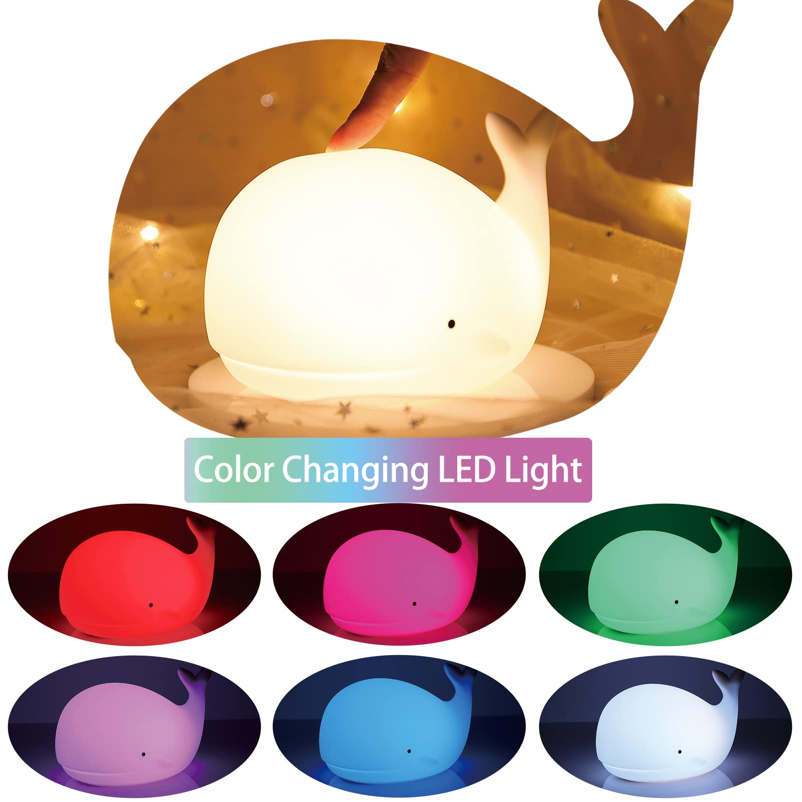ZKLiLi whale night light USB rechargeable for cordless use.