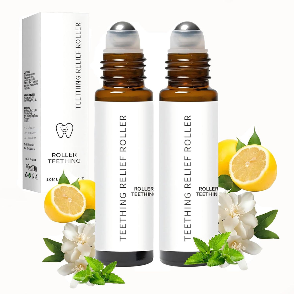 ZL7QHSE Teething Roller bottle with chamomile and rose oil for soothing babies.