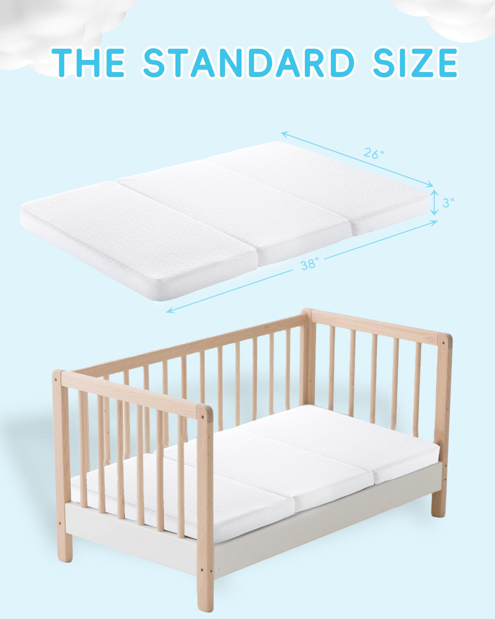 ZNUZDRK pack-n-play mattress unfolded in crib showing 38x26 fit