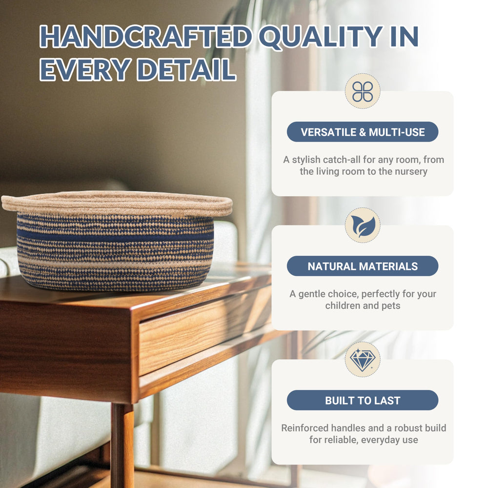ZOES HOMEWARE natural jute cotton rope basket adds boho texture and practical toy or towel storage