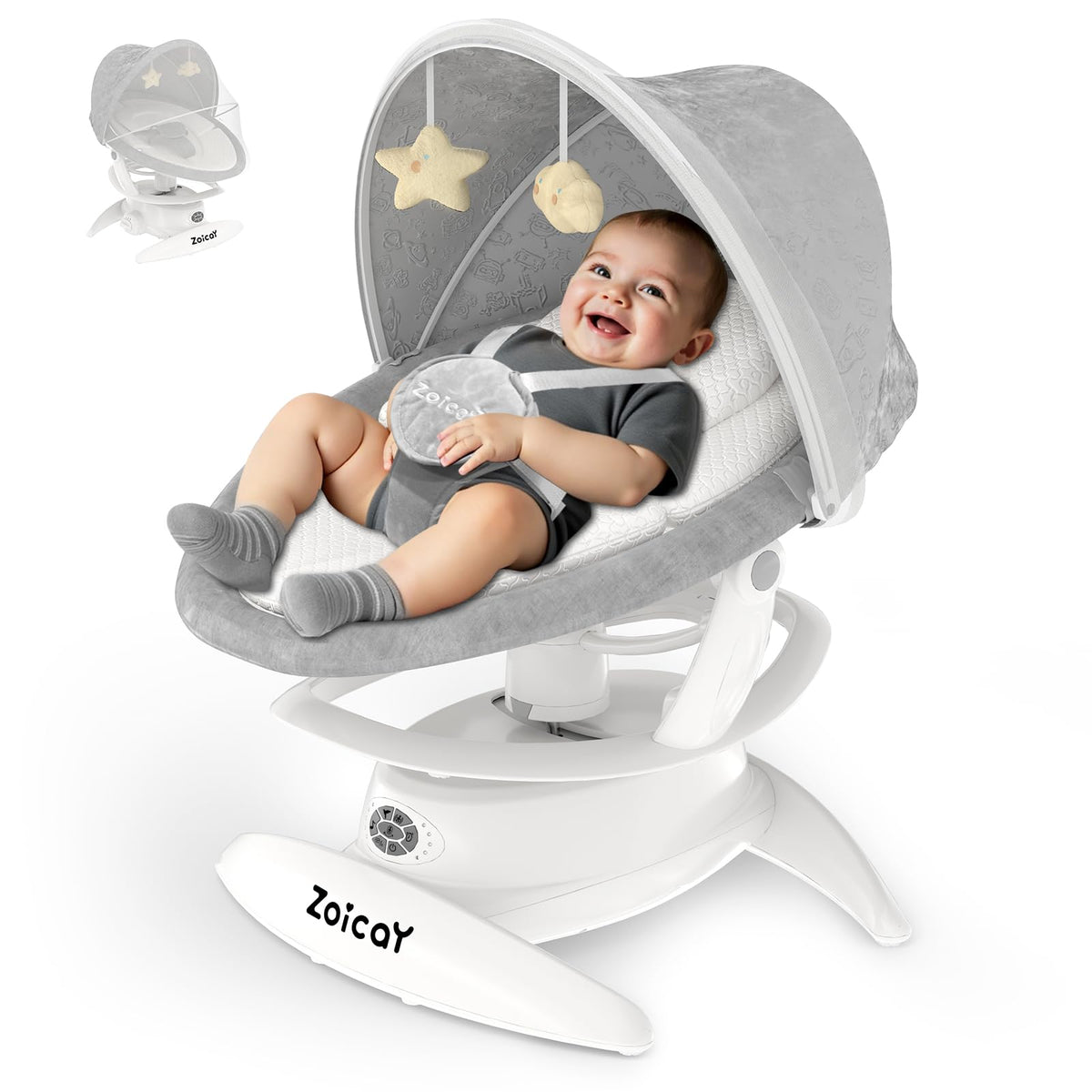 Zoicay 3-in-1 baby swing setup showing three modes for infants