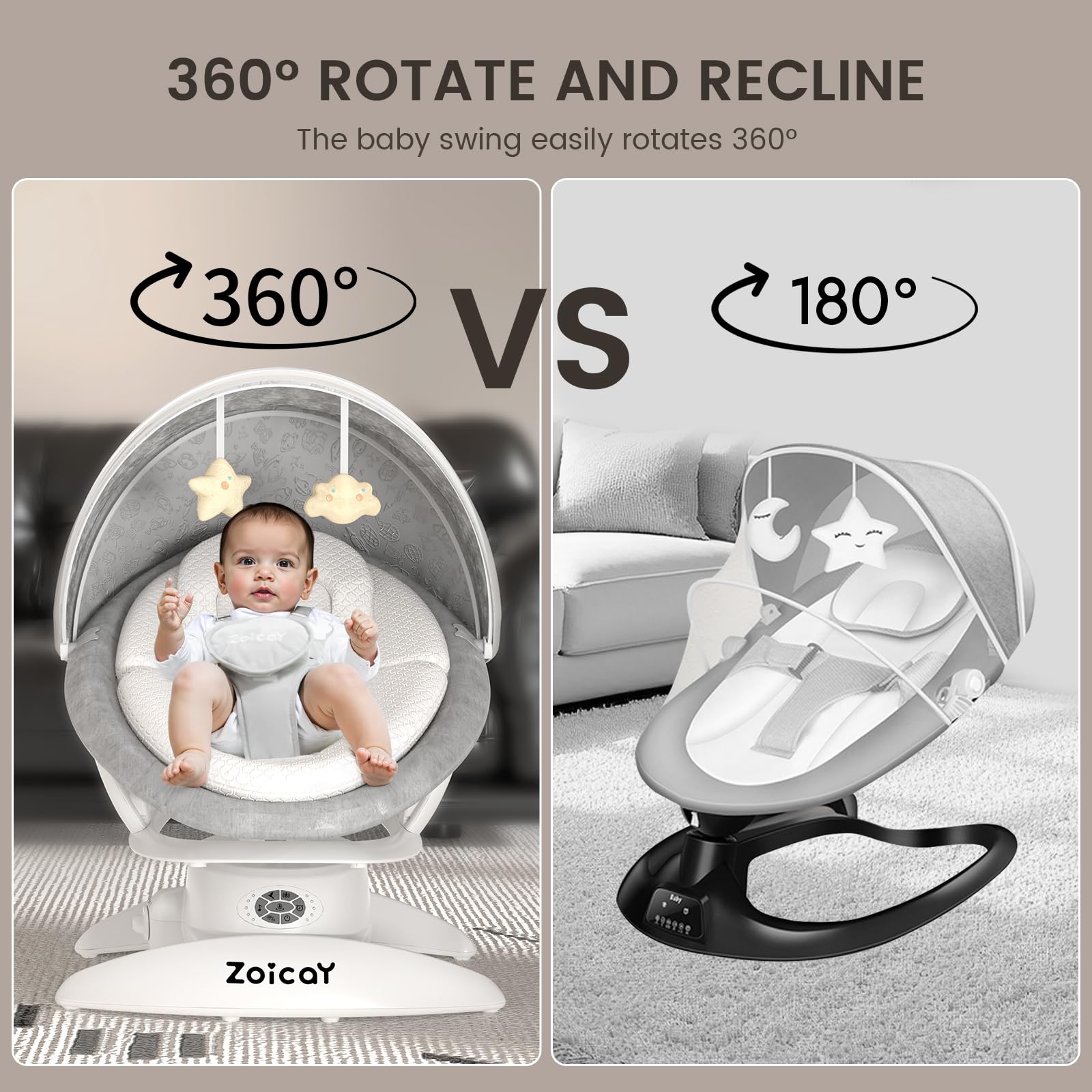 Zoicay swing with three distinct rocking modes and gentle pace