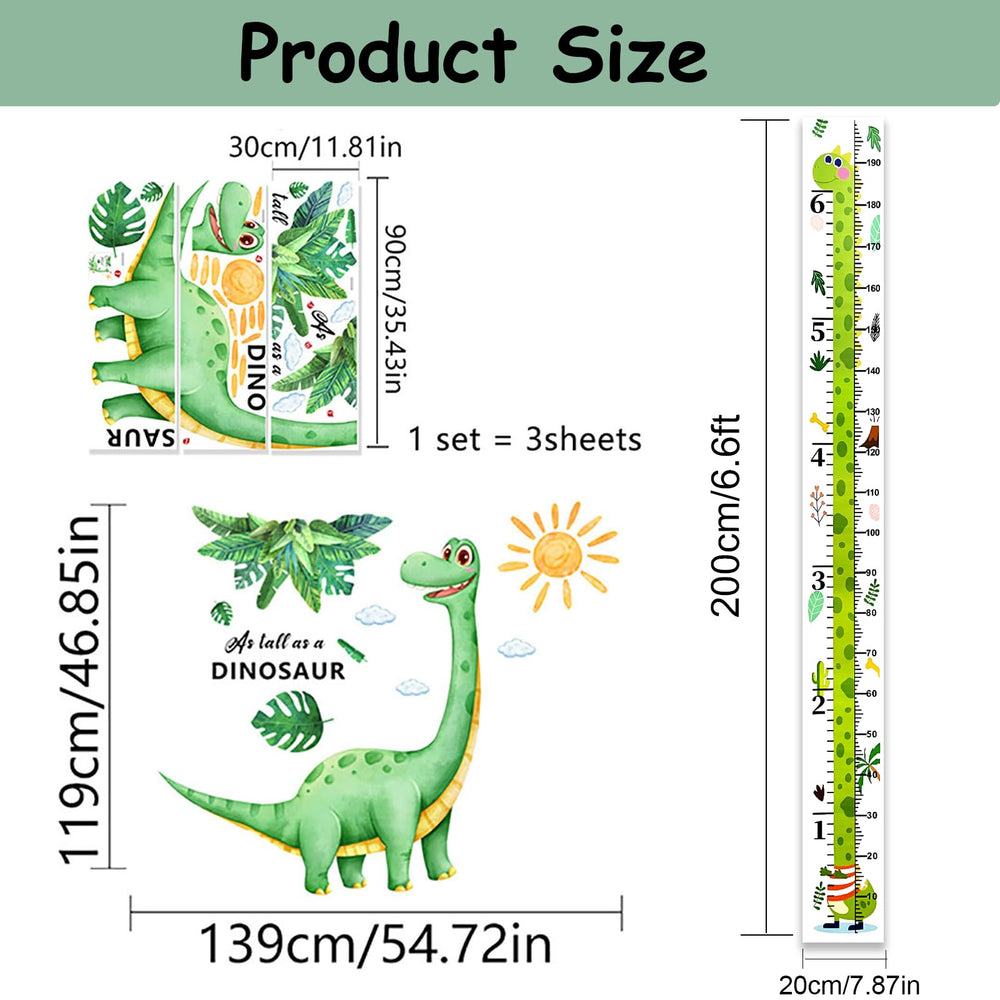 Zolrivo dinosaur wall decal height chart center with friendly dinosaur illustration.