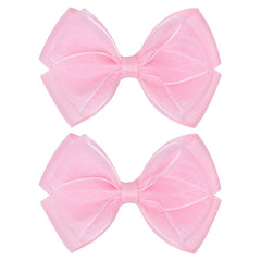 Zolyco Tiny 3-Inch Organza Glitter Bow light pink close-up, gentle on hair.